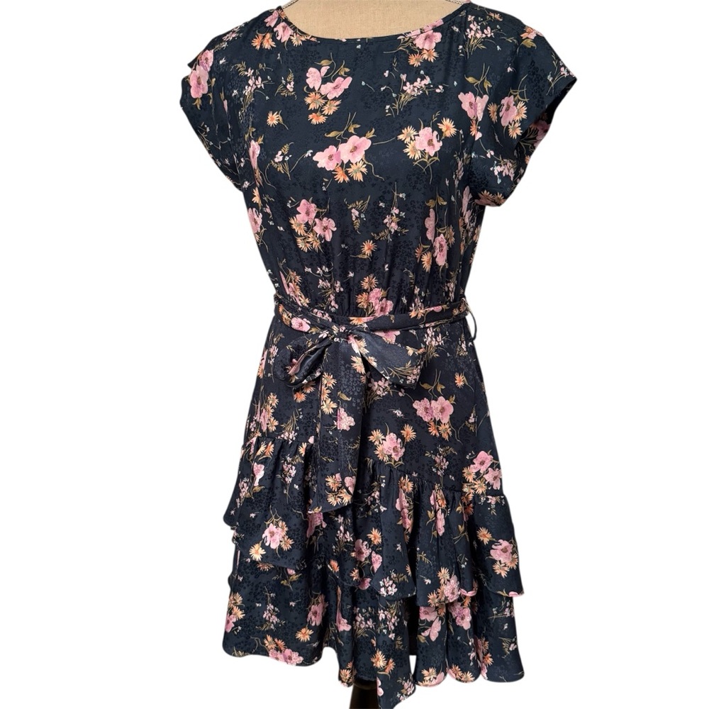 REBECCA TAYLOR DRESS MINI CAP SLEEVE TEAL GREEN PINK FLORAL BOATNECK BELT Size 6